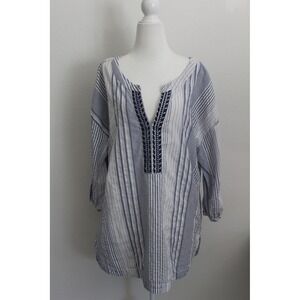 Universal Thread Womens XXL Blue White Striped Embroidered Boho Tunic Top